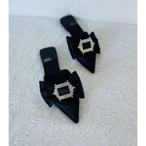 Jeffrey Campbell Black Satin Loafers with Crystal Bow